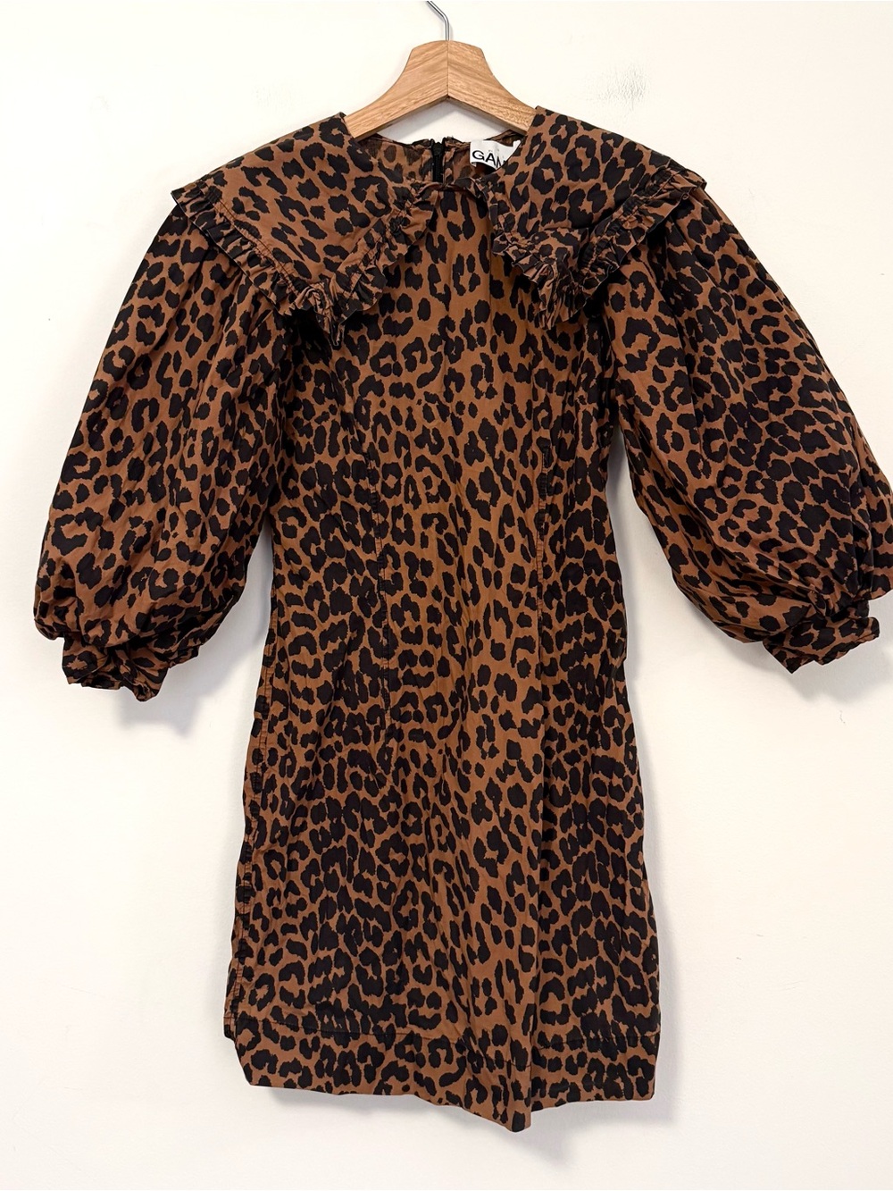 GANNI Leopard Print Mini Dress Brown Organic Cotton Oversized Collar EU 32 US 0 - Picture 2 of 5